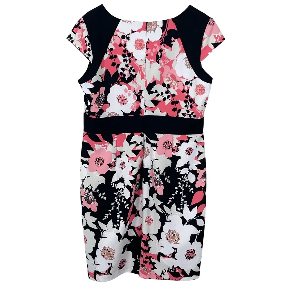New York & Company Pink Black Women Sheath Dress 16 Floral Cap Sleeve Colorblock